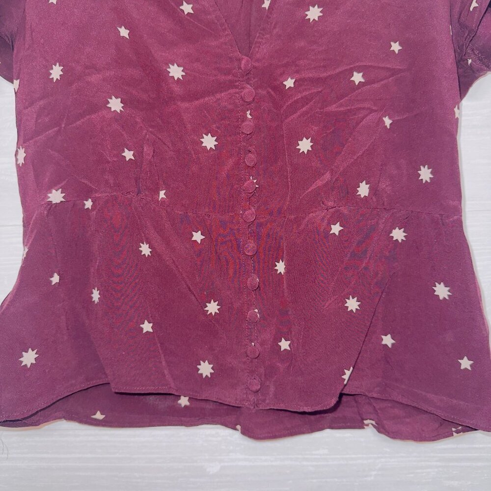Madewell Women's Burgundy Maroon Short Sleeve Star Print Silk Belle Top size 2 - Picture 4 of 6